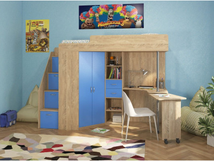 Кровать-чердак для мальчика Милана-6 с шкафом и столом, спальное место 200х80 см
